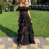 Summer New Women's Dress A Word Shoulder Lotus Side Hollow Lace Dress Dress DJPT