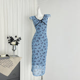 Summer New Retro Deep V Shredded Floral Dress Women's Waist Net Bow Bow A Skirt Skirt
