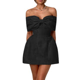 Word Shoulder Bow Sexy Bareback Dress Female Temperament Dress Skirt DJPT