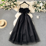 A line Spaghetti Straps Black Tulle Holiday Dresses Feather Women's Dress SD1270