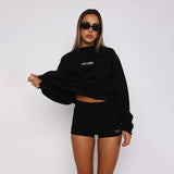 Round Collar Long Sleeves Loose Edgy Women High-Waist Print Tight Shorts Fashion Casual Babes Set DJPT