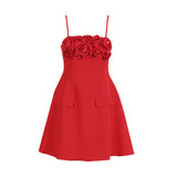 High-End Sling Dress 2025 Summer New Simple Wind Three-Dimensional Flowers Spliced Solid Color Short Skirt Woman