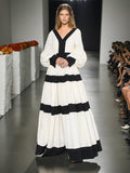 Style Dress Women's Dress 2025 Spring New V-Neck Lantern Sleeve Striped Splicing Fashion A-Word Dress