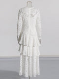 Retro Style Small Lotus Leaf Side Dress 2025 High-End New Round-Neck Long-Sleeved Lace Hollow Dress