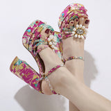 New High-Heeled Waterproof Table Banquet Ladies Dingy Sandals Large-Size Fashion Show Floral Fish Mouth Sandals High Quality Shoes