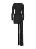 Famous Wind 2025 Summer New Round Collar Long Sleeve Black Diamond Tug Tug Pure Color Dress