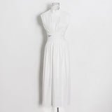 Leisure Dress 2025 Summer New Simple Style Collar Sleeveless Hollow Design Solid Female Dress