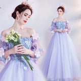 2025 New Dream Purple Horn Sleeve Bride Wedding Toast Annual Performance Evening Dress
