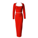Elegant Square-Necked Long-Sleeved Diamond-Stwined Dress With Long Bag-Hope Party Party Evening Dress