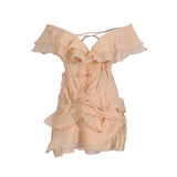 Holiday Wind Shoulder Short Dress 2025 New V Collar Shoulder Lotus Side Flower Dress Female High Sense