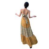 Summer Dress New Seaside Holiday Wind Loose Sling V Tie Print Splicing Dress Dress Waist And Ankle