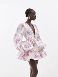 New 2024 Women's Clothing V-Neck Lantern Sleeve Print Short Dress Women