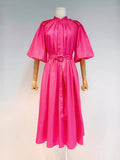 2024 New Collar Lantern Sleeve Single Buckle Belt To Collect Waist Long Dress Dress Woman