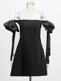 Wind Ribbon Skirt 2025 Summer New Word Shoulder Bow Splicing Bare Back High-End Feel Dress