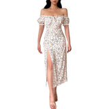 Bohemian Floral Bosom Long Dress French High-Waisted Fork-Repair Temperament Shoulder Dress DJPT