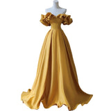 Shoulder Banquet Evening Dress Dress Female-Singen-Faced Yellow Temperament Light Luxury Niche High-End Art Exam Host Dress