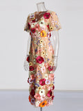 Court Style 2025 Summer New V-Neck Bubble Sleeve Embroidered Three-Dimensional Flower Pencil Dress Female