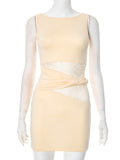 Women's Decoration Body Hips Sleeve High-Necked Lace Hollow Twist Ring Dress DJPT