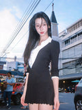 Mengling With A Retro Shirt Collar Splicing V-Neck Dress Autumn And Winter High-End Black And White Folding Dress