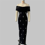 Sexy Folded Mesh Drill Splicing Word Shoulder Banded Skirt Party Evening Dress Skirt