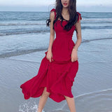 Holiday Red Sling Dress Women's Summer 2025 New Super Fairy Dress Sanya Travel Suitable For Beach Skirt