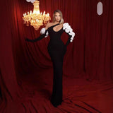 Black Shoulder Hollow White Flower Long Sleeve Long Bandat Party Evening Dress