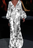 Spring And Summer New Women's Fashion Print Dress Sexy V-Neck Loose Waist DJPT