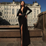 Women's Deep V With Long Sleeves High Open Fork And Sexy Dress DJPT