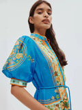 Autumn New French Retro Printing Splicing Process Single Buckle Belt Belt Waist Long Dress Dress Woman