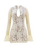 Sister Pure Desire To Sexy V-Neck Hollow Lace Long-Sleeved Mini Short Dress Women Autumn And Winter Harvest Thin-Butbum Dress
