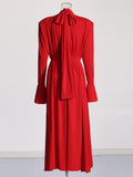 Spring New 2025 Three-Dimensional Flower Decoration Shoulder Horn Sleeve High-Waist Opening Dress Woman