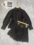 New Temperament Hollow Embroidered Lantern Sleeve Tops Shorts With Belt Belt Waist