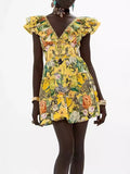Lady Holiday Style Sexy V Collar Leaves With No Sleeves To Close The Waist Thin Yellow Print A-Shaped Dress Skirt