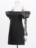 Wind Ribbon Skirt 2025 Summer New Word Shoulder Bow Splicing Bare Back High-End Feel Dress