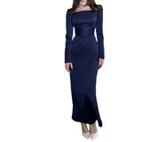 2024 New Women's High-End Slim Temperament Showing Lean Long Sleeves Pure Color Evening Dress Dress