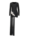 Famous Wind 2025 Summer New Round Collar Long Sleeve Black Diamond Tug Tug Pure Color Dress