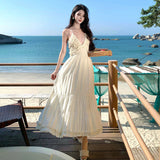 Seaside Holiday Atmosphere Feel Waist Sling Dress Women's French Heavy Industry Sexy Back A Long Dress