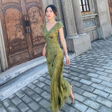 Turquoise V-Necked Back-Sin-Faced Jab Dress Dress Women's Summer Harvest Waist Thin Dress Dress Seaside Beach HZ0628