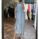 New Elegant Loose Folded Neck Dress Sexy Bare Sleeveless Holiday Dress