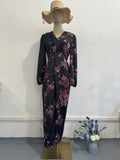 New Retro Print V-Neck Long Sleeves Open Waist Dress Female Summer Temperament Thin Dress