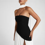 Women's Black And White Bumping Round Neck Irregular Opening Dress DJPT