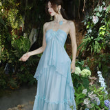 New Design High-Grade Tea Break French Gentle Wind Seaside Holiday Yellow Hanging Neck Dress