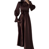 Long-Sleeved Lotus Leaf Cuffed Belt Waist-Repaired Penetted Joint Dress
