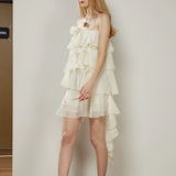 Holiday Wind Sweet Layer Wave Dress Lotus Leaf Side With Flower Sling Skirt 2024 New