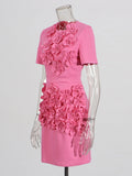 Retro Sexy Bag Hip Dress 2025 Summer New Round Three-Dimensional Flower Decoration Splicing Dress Woman