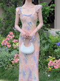 Oil Painting Pink Dress Women's New Summer Temperament To Collect Waist Thin Sling Skirt Holiday Long Broken Floral Dress HZ0628