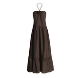 Temperament Gentle Wind 2025 Summer New Splicing Convex Flowers Decorated Hanging Neck Silk Dress Woman