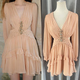 South Oil Flower Diamond Luo Waist Deep V Dress Gentle Flowing Short Dress 2024 New