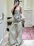 New Flat Print Bump Color Beaded Sling Sling T-Shirt Holiday Bohemian Style Design Top