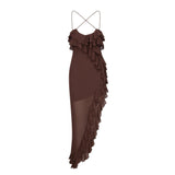 Sexy Open-Fork Dress Cross Strap Chiffon Sling Skirt To Wood Chiffon Crimum Flower Dress